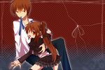  1girl bad_id bad_pixiv_id brother_and_sister brown_hair dress frills height_difference little_busters! long_hair mouth_hold natsume_kyousuke natsume_rin oshiruko_(tsume) ponytail red_eyes short_hair siblings 