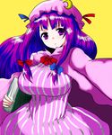  absurdres book crescent foreshortening frown han_(jackpot) hat highres patchouli_knowledge purple_eyes purple_hair ribbon solo touhou 