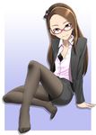  bad_id bad_pixiv_id black_bra black_legwear black_panties bow bra brown_eyes brown_hair business_suit feet forehead formal full_body glasses hairband highres idolmaster idolmaster_(classic) idolmaster_2 jacket legs lingerie long_hair looking_at_viewer minase_iori office_lady open_clothes open_shirt panties panties_under_pantyhose pantyhose pencil_skirt shirt sitting skirt skirt_suit solo suit tkhs underwear 