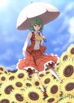  ascot dress flower green_hair highres kazami_yuuka nogisaka_kushio plaid plaid_skirt plaid_vest red_eyes skirt skirt_set solo sunflower touhou umbrella vest 