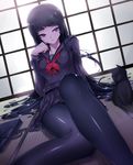  black_hair black_legwear cat dutch_angle kasai_shin legs long_hair on_floor original pantyhose purple_eyes school_uniform serafuku shiny shiny_clothes shiny_hair sitting solo tatami 