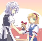  alice_margatroid apron blonde_hair bow closed_eyes commentary_request cup green_eyes hair_bow hairband izayoi_sakuya long_hair maid maid_headdress multiple_girls puffy_short_sleeves puffy_sleeves satou_kibi shanghai_doll short_hair short_sleeves silver_hair skirt teacup touhou v_arms waist_apron 