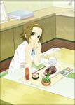  bowl brown_eyes brown_hair chin_rest chopsticks food glass hairband k-on! looking_at_viewer mizuki_makoto rice_bowl school_uniform smile solo tainaka_ritsu 