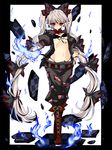  alternate_costume ayase_non bad_id bad_pixiv_id black_rock_shooter black_rock_shooter_(character) black_rock_shooter_(character)_(cosplay) blue_fire boots bow cosplay fire fujiwara_no_mokou hair_bow hair_ribbon long_hair multi-tied_hair pants parody red_eyes ribbon silver_hair solo touhou very_long_hair 