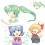  ^_^ animal_ears bad_id bad_pixiv_id blonde_hair blue_eyes blue_hair bow cat_ears cirno closed_eyes collar daiyousei fang green_eyes green_hair hair_bow hair_ribbon hands_on_hips highres kakkou kemonomimi_mode multiple_girls open_mouth outstretched_arms ribbon rumia side_ponytail spread_arms touhou wings 