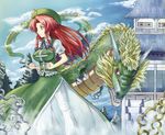  aqua_eyes black_neckwear black_ribbon blue_sky bow braid breasts building china_dress chinese_clothes clenched_hands clenched_teeth cloud day dragon dress eastern_dragon frilled_vest frills gin'ichi_(akacia) green_hat green_vest hair_bow hair_ornament hat highres hong_meiling horns large_breasts long_hair mountain neck_ribbon outdoors pants puffy_short_sleeves puffy_sleeves red_eyes red_hair ribbon shirt short_sleeves sky solo source_request star star_hair_ornament teeth touhou twin_braids vest white_pants white_shirt 