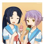  alternate_hairstyle asakura_ryouko bad_id bad_pixiv_id blue_hair chocolate face food food_on_face ice_cream ice_cream_on_face kita_high_school_uniform multiple_girls nagato_yuki ponytail purple_hair school_uniform sear_(patatomato) suzumiya_haruhi_no_yuuutsu 