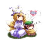  :&gt; animal_ears blonde_hair brown_eyes brown_hair cat_ears chen chibi closed_eyes dreaming drooling fish fox_tail hands_in_opposite_sleeves hat multiple_girls multiple_tails ryosios short_hair simple_background sitting sleeping smile tail thought_bubble touhou yakumo_ran yukkuri_shiteitte_ne zzz 