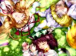 animal_ears blonde_hair brown_hair bug butterfly cat_ears cat_tail chen circle_formation earrings fingernails fox_tail from_above grass hat insect jewelry lips long_fingernails multiple_girls multiple_tails nail_polish nyamota peaceful pink_nails shade short_hair single_earring sleeping tail touhou yakumo_ran yakumo_yukari 