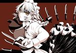  braid face glaring izayoi_sakuya knife maid maid_headdress monochrome red_eyes serious short_hair solo spot_color touhou uousa-ou weapon 