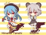 animal_ears bad_id bad_pixiv_id bloomers blue_hair blush boots capelet chibi english food fruit grey_hair hat hinanawi_tenshi jewelry long_hair mouse mouse_ears mouse_tail multiple_girls nazrin peach pendant red_eyes sadomochi shadow short_hair sword sword_of_hisou tail touhou underwear weapon 