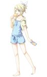  barefoot blonde_hair blue_eyes blush bow cropped_jacket eating face food full_body hair_bow hair_ornament hairclip k.y_ko kagamine_rin legs open_mouth polka_dot popsicle shorts simple_background solo standing vocaloid 