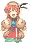  :d ^_^ atelier_(series) atelier_lise bangs blush cabbie_hat clenched_hands closed_eyes feathers flat_chest fur_trim hair_between_eyes happy hat highres jacket jewelry lisette_lander long_sleeves looking_at_viewer necklace official_art open_clothes open_jacket open_mouth pendant ponytail red_hair ring sash short_hair sidelocks simple_background single_vertical_stripe smile solo turtleneck upper_body watanuki_nao white_background 