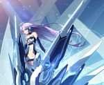  bare_shoulders blue_eyes elbow_gloves fingerless_gloves gloves hand_on_own_chest long_hair mecha_musume midriff navel original purple_hair solo very_long_hair yahako 