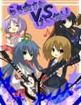  ahoge akiyama_mio bad_id bad_pixiv_id castanets crossover guitar hiiragi_tsukasa hirasawa_yui instrument izumi_konata k-on! lucky_star microphone microphone_stand mole mole_under_eye multiple_girls musical_note poppuru 