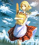  alcohol apple apron bad_id bad_pixiv_id bag baguette banned_artist blonde_hair blue_eyes bread building carrot cloud day dress dutch_angle food fruit garlic groceries hair_ornament hairclip highres original paseri plaid potato short_hair sky smile solo vegetable walking wine 