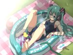  ahoge aqua_eyes aqua_hair ball bare_shoulders barefoot beachball blanket fan feet food grass hatsune_miku headphones hose legs long_hair lying mouth_hold on_back one-piece_swimsuit paper_fan popsicle rubber_duck school_swimsuit solo spread_legs swimsuit twintails uchiwa very_long_hair vocaloid wading_pool water wet yuzuki_kei 