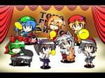  aki_minoriko aki_shizuha band blush_stickers cello chibi drum drum_set hemogurobin_a1c highres himekaidou_hatate instrument inubashiri_momiji kagiyama_hina kawashiro_nitori letterboxed multiple_girls piano saxophone shameimaru_aya touhou trombone trumpet 