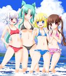  bad_id bad_pixiv_id bikini blonde_hair blue_eyes brown_hair child flat_chest frills green_hair highres holding_hands long_hair multiple_girls noto_(soranoto) original red_eyes short_hair swimsuit twintails wavy_hair white_hair 