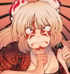  angry bad_id bad_pixiv_id bow cream_(nipakupa) facepaint fujiwara_no_mokou hair_bow long_hair oriental_umbrella parasol red_eyes silver_hair solo touhou umbrella 