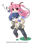  1girl angel_beats! blue_eyes blue_hair carrying chibi hinata_(angel_beats!) long_hair minazoi_kuina pink_hair red_eyes school_uniform serafuku short_hair shoulder_carry yui_(angel_beats!) 