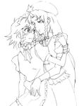  :t annoyed bad_id bad_pixiv_id blush greyscale hong_meiling hug hug_from_behind izayoi_sakuya kondou_(acid) monochrome multiple_girls pout sketch sweatdrop touhou wrist_cuffs yuri 