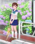  absurdres bag brown_eyes brown_hair closed_umbrella flower highres hydrangea leaf original rururera school_uniform serafuku short_hair solo umbrella 