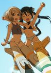  6066 :3 :d \o/ animal_ears armpits arms_up bad_id bad_pixiv_id bikini_top black_hair blonde_hair choker closed_eyes crop_top erica_hartmann francesca_lucchini groin midriff multiple_girls navel open_mouth outstretched_arms panties short_hair smile strike_witches striker_unit striped striped_panties tail twintails underwear world_witches_series 