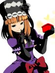  black_flower black_rose blue_eyes bow box bug butterfly capelet dress elbow_gloves eva_beatrice finger_to_mouth flower gloves grin hat insect orange_hair rose smile solo umineko_no_naku_koro_ni yanagihara_tantoui 