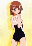  ass blush brown_eyes brown_hair competition_swimsuit from_behind hair_ornament hairclip halftone halftone_background hands_on_own_chest highres looking_back misaka_mikoto one-piece_swimsuit short_hair solo swimsuit takamin_apaman to_aru_kagaku_no_railgun to_aru_majutsu_no_index 