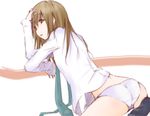  ass bad_id bad_pixiv_id brown_eyes brown_hair hair_tousle leaning necktie original oriko_(nicolai) panties shirt socks solo underwear white_panties 