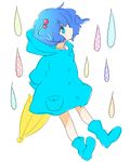  blue_eyes blue_hair boots closed_umbrella hair_bobbles hair_ornament kawashiro_nitori machiko_(beard) rain raincoat solo touhou twintails two_side_up umbrella 