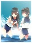  ass bad_anatomy bad_id bad_pixiv_id black_eyes black_hair flower hair_flower hair_ornament highres kakei multiple_girls no_pants sakugawa_school_uniform saten_ruiko school_swimsuit school_uniform serafuku short_hair swimsuit swimsuit_under_clothes to_aru_kagaku_no_railgun to_aru_majutsu_no_index uiharu_kazari v wading water wreath 