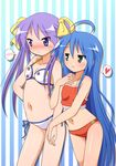  :3 ahoge arm_hug bikini blue_eyes blue_hair blush collarbone embarrassed green_eyes groin hair_ribbon hand_on_hip heart hiiragi_kagami holding_hands izumi_konata locked_arms long_hair lucky_star mel_(melty_pot) midriff mole mole_under_eye multiple_girls navel purple_hair ribbon side-tie_bikini smile spoken_blush spoken_heart star striped sweat swimsuit tsurime twintails very_long_hair yuri 