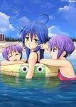  :&lt; afloat ahoge alternate_hairstyle annoyed beach blue_eyes blue_hair blush bow braid cheek_poking closed_eyes cloud day double_bun frown green_eyes hair_bow hair_ribbon hiiragi_kagami hiiragi_tsukasa innertube izumi_konata lasterk leaning long_hair looking_back lucky_star mole mole_under_eye multiple_girls ocean outdoors partially_submerged pointing poking profile purple_hair ribbon siblings sisters sky smile sweat swimsuit tsurime twins water 