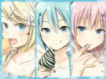  :q blonde_hair blue_eyes blue_hair blue_nails face food hatsune_miku ice_cream k.y_ko kagamine_rin megurine_luka multiple_girls nail_polish open_mouth pink_hair smile star tongue tongue_out vocaloid 