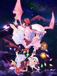  aerial_fireworks blonde_hair fireworks flandre_scarlet flying from_above full_moon hat holding_hands lavender_hair moon multiple_girls night night_sky open_mouth pointing red_eyes remilia_scarlet shooting_star short_hair siblings sisters sky t-ray touhou wings wrist_cuffs 