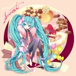  aqua_eyes aqua_hair barefoot bridal_gauntlets cake candy checkerboard_cookie chocolate cookie food fruit hatsune_miku hatsune_miku_(append) long_hair macaron pantyhose pastry pillow pillow_hug r/k solo strawberry sweets twintails very_long_hair vocaloid vocaloid_append 