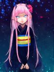  blue_eyes flower highres horns hydrangea japanese_clothes kimono long_hair oni original pink_hair pointy_ears solo soono_(rlagpfl) 