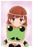  brown_eyes brown_hair doll doll_hug frog gekota highres hug misaka_mikoto short_hair solo stuffed_animal stuffed_frog stuffed_toy takamin_apaman to_aru_kagaku_no_railgun to_aru_majutsu_no_index topless 