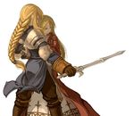  agrias_oaks armor bad_id bad_pixiv_id blonde_hair boots braid brown_eyes cape dress final_fantasy final_fantasy_tactics gloves harusame_(rueken) knight long_hair looking_back multiple_girls ovelia_atkascha side_braid single_braid sword weapon 