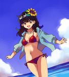  bad_id bad_pixiv_id bikini black_hair brown_eyes copyright_request flower hood hoodie jacket jewelry navel necklace o-ring o-ring_top open_clothes open_mouth open_shirt outstretched_arms shati shirt short_hair side-tie_bikini solo spread_arms sunflower swimsuit 