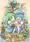  2girls ahoge alternate_hairstyle animal bandaid bird bow bruise cirno closed_eyes daiyousei egg flower frog green_eyes green_hair hair_bow hair_flower hair_ornament injury island jpeg_artifacts kneeling mary_janes missing_teeth multiple_girls nest sanntouhei shoes sitting tears tomato touhou tree treehouse 