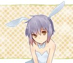  animal_ears bad_id bad_pixiv_id bangs bunny_ears bunny_girl bunnysuit face lowres nagato_yuki pantyhose purple_hair sear_(patatomato) short_hair solo suzumiya_haruhi_no_yuuutsu yellow_eyes 