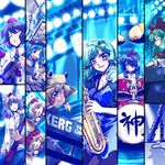  &gt;_&lt; aki_minoriko aki_shizuha alternate_costume casual closed_eyes contemporary drum guitar instrument inubashiri_momiji kagiyama_hina kawashiro_nitori keyboard_(instrument) kochiya_sanae moriya_suwako mountain_of_faith multiple_girls saxophone takana_shinno touhou trumpet two_side_up yasaka_kanako 