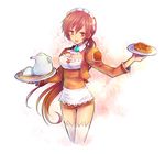  cowboy_shot cropped_legs cup food kara_(color) long_hair orange_shirt paffel ponytail red_eyes red_hair shirt solo summon_night summon_night_2 tea teacup teapot thighhighs tray very_long_hair waitress white_legwear zettai_ryouiki 