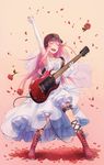  angel_beats! arm_up baseball_helmet belt boots closed_eyes cross cross-laced_footwear dress elbow_gloves esukee flower gloves guitar happy helmet instrument lace-up_boots leg_ribbon long_hair petals pink_hair red_flower red_rose ribbon rose rose_petals solo standing wedding_dress white_gloves yui_(angel_beats!) 