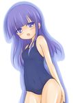  bare_shoulders beigu blue_eyes blush covered_navel long_hair navel one-piece_swimsuit open_mouth purple_hair school_swimsuit solo standing swimsuit tsurime working!! yamada_aoi 