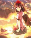  brown_eyes brown_hair cloud evening fan hat kohaku. looking_at_viewer looking_back pointy_ears shameimaru_aya short_hair sky smile solo sunset tokin_hat touhou wings 