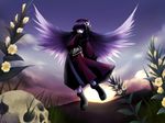  bangs belt black_gloves blunt_bangs boots coat evening flower fur gloves green_eyes highres long_hair megami_tensei mou_shobou pixyled purple_hair red_coat skull solo spiked_hair sunset wings 